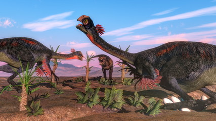 Tyrannosaurus rex attacking gigantoraptor dinosaur and eggs - 3D