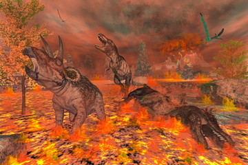 Dinosaurs, tyrannosaurus and triceratops, exctinction - 3D © Elenarts
