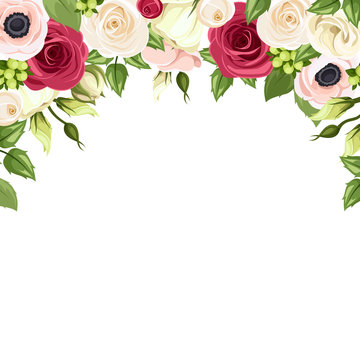 Background with red, pink and white flowers. Vector illustration.