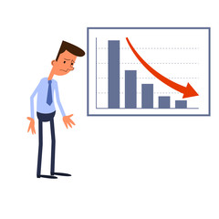 Frustrated businessman standing and negative statistics chart