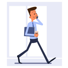 Businessman walking, holding folder, cup of coffee and talking on the phone