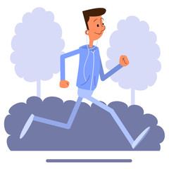 Cartoon young man jogging and listens to music