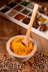 curcuma in polvere nella ciotola di legno