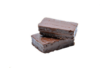 two pieces delicious chocolate bar isolated on white background