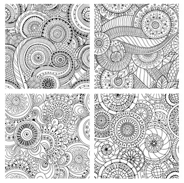 Set of seamless pattern with flowers. Ornate zentangle textures.