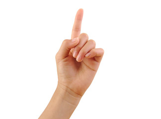 Girl hand showing one finger isolated on a white background