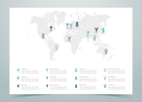 World Map Dotted Vector With Markers
