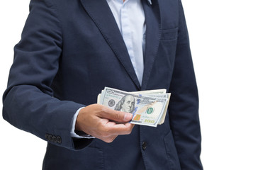 Businessman hands holding us dollar banknote isolated on white