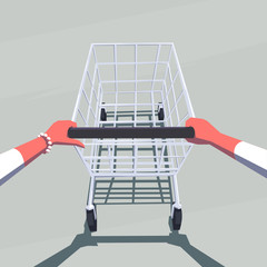 Female hands pushing empty shopping cart. Retro style illustration. Personal point of view. Layered file.