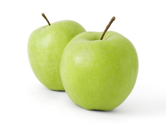 Two green apples on a white background