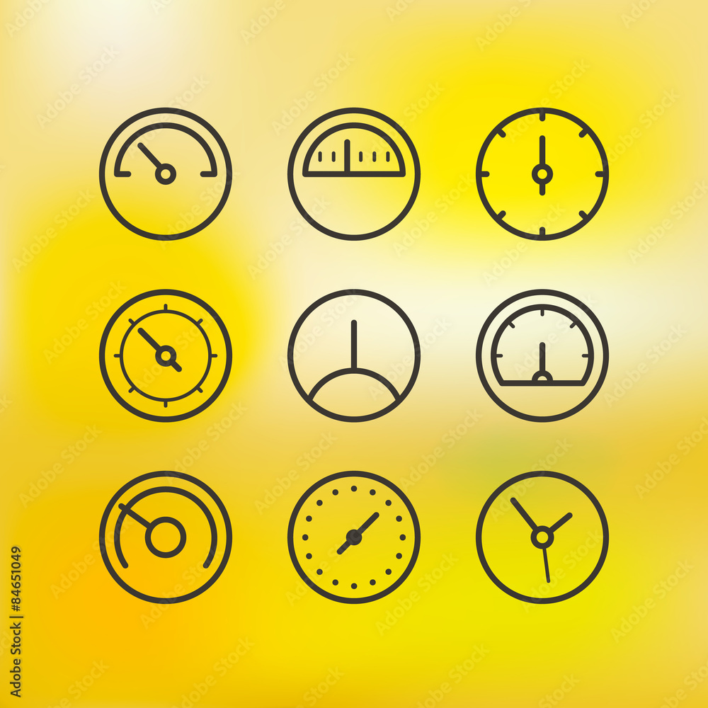 Poster different slyles of speedometers vector collection on blured bac