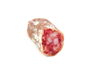 Spanish sausage, fuet, salami on a white background