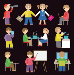 Icons set with people and students (flat conception, vector illustration)