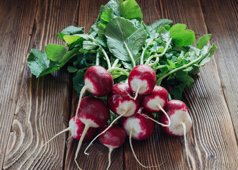 Fresh radish on rustic wooden background