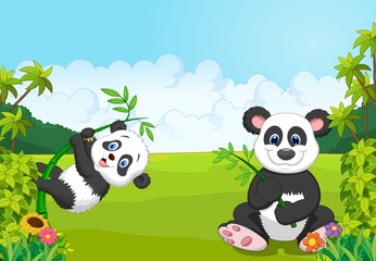Fototapeta premium Cartoon mom and baby panda climbing bamboo tree