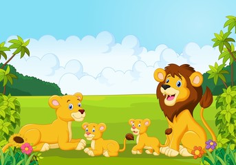 Obraz na płótnie Canvas Cartoon happy lion family in the jungle