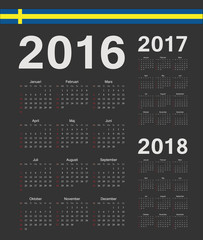 Set of black Swedish 2016, 2017, 2018 year vector calendars