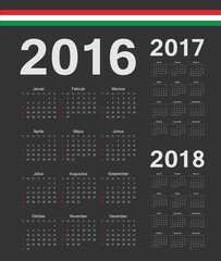 Set of black Hungarian 2016, 2017, 2018 year vector calendars