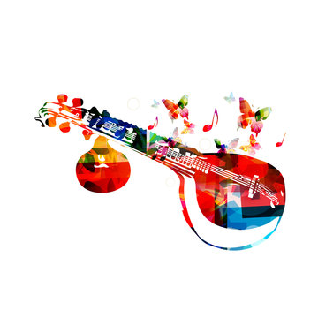 Colorful veena with butterflies, musical instrument background