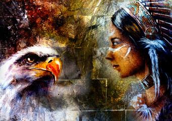 Woman and flying eagle,  illustration and abstract wall backgrou