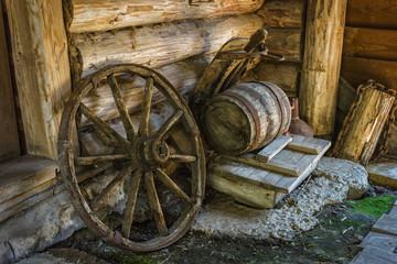 Obraz premium interior of Russian log hut with elements of the old way of li