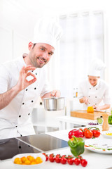 Young attractive professional chef cooking in his kitchen