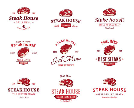 Grill Steak Logos, Labels, and Design Elements. Steaks for BBQ and Grill Steakhouse Labels