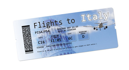 Airline boarding pass tickets to "Italy" isolated on white.
