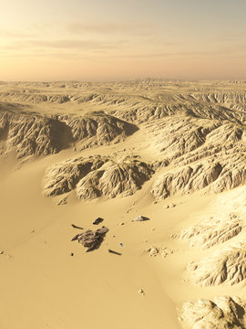 Science fiction illustration of a wind scoured spaceship crash site on a lonely desert planet, 3d digitally rendered illustration
