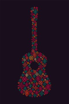 Guitar concept made of folk ornament. Vector illustration.