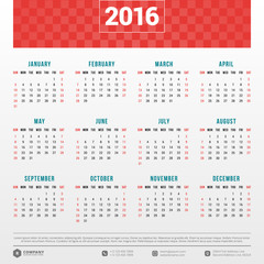 Calendar 2016 Vector Design Template. Week Starts Sunday