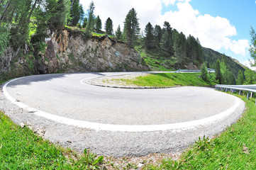View of mountain road, taken by fish-eye lens