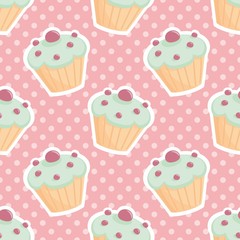 Tile vector pattern with cupcakes and polka dots on pastel pink background