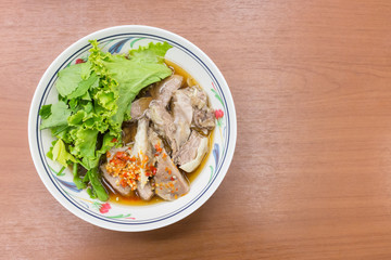 Tenderloin cook by streaming serve with vegetable and pickled chili