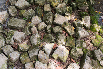 passage in garden made from broken bricks