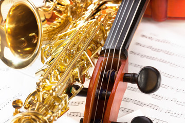 Obraz na płótnie Canvas Violoncello tuning pegs and shiny alto saxophone