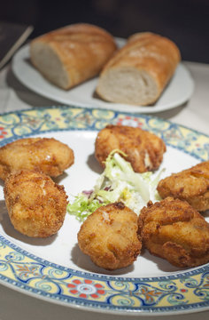 Authentic spanish croquettes, "croquetas", served in a typical spanish restaurant
