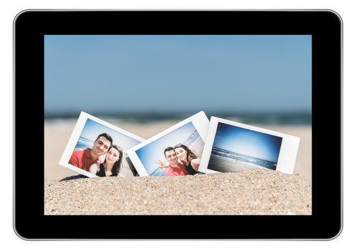 Instant Photos Of Young Couple On Beach On Modern Black Tablet