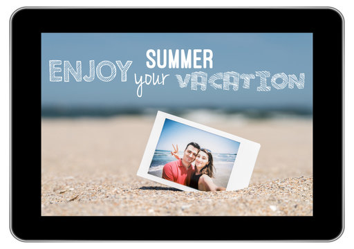 Instant Photo Of Young Couple On Beach On Modern Black Tablet