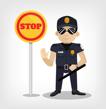 Policeman with stop sign. Vector flat illustration