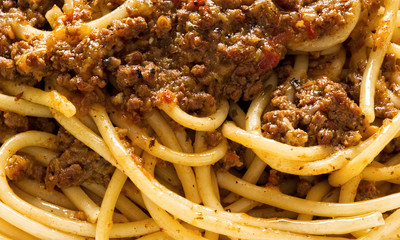 rustic italian spaghetti bolognese food background © fkruger
