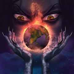 Evil witch holding a burning planet.