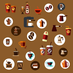 Flat takeaway coffee cups, beans, pots icons