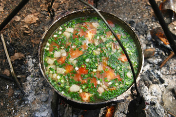 Preparing food on campfire