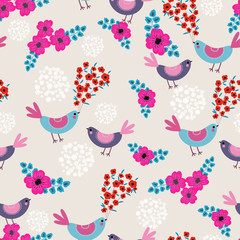 Floral seamless pattern with birds - 84670204
