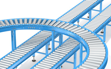 Blue Roller Conveyor System. Abstract assembly, conveyors in various directions.