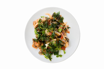 Stir-fried frog and basil isolated on white background, Amazing Thailand spicy food.