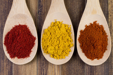 different spices in a wooden spoon
