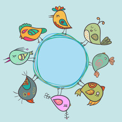 Birds cartoon card. Circle frame.