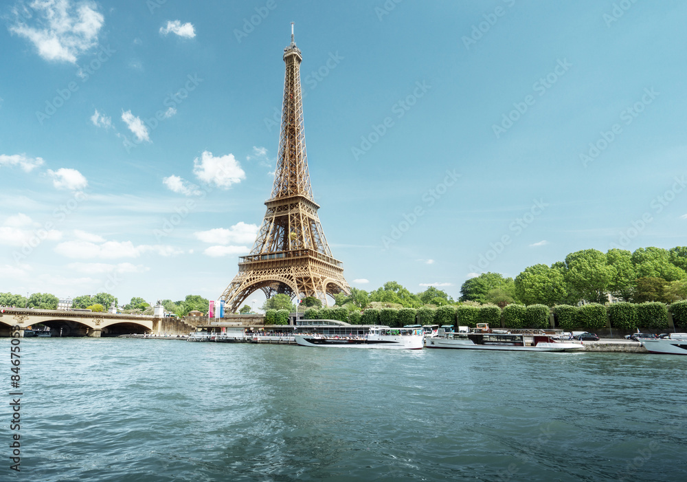 Poster seine in paris with eiffel tower in morning time
